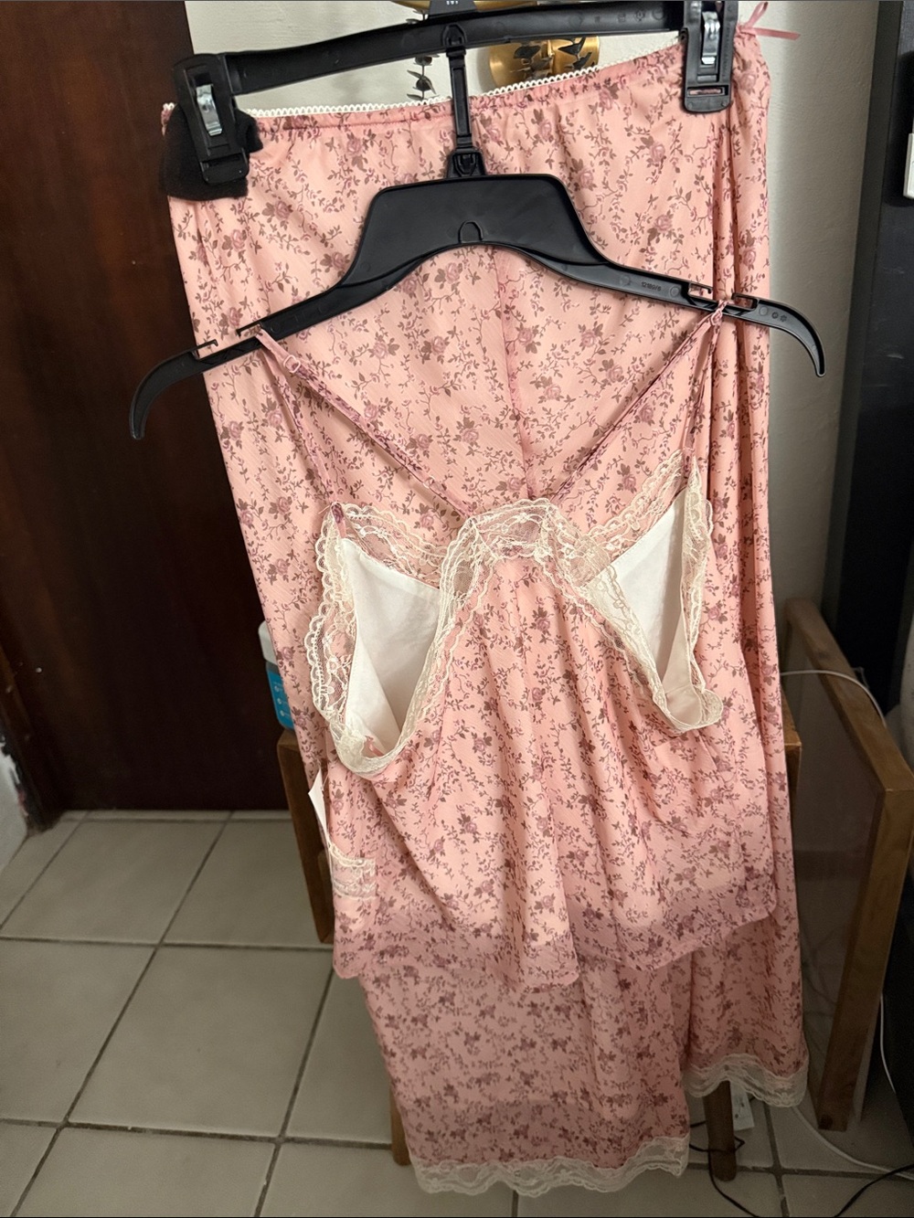 2 piece Pink Floral Lace Trim Slip ser
